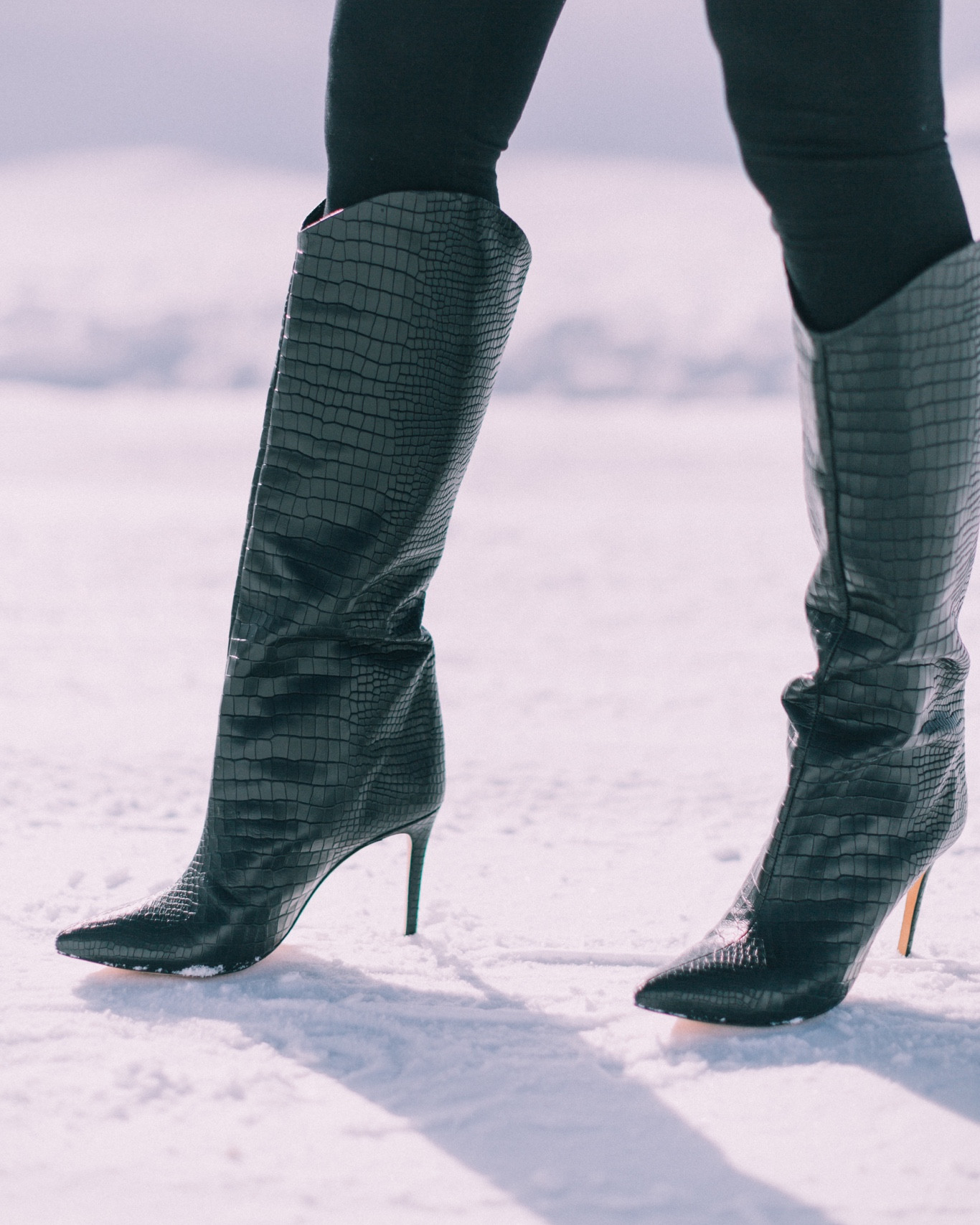 Schutz Maryana Black - Black Leather Boots - Croc-Embossed Boots