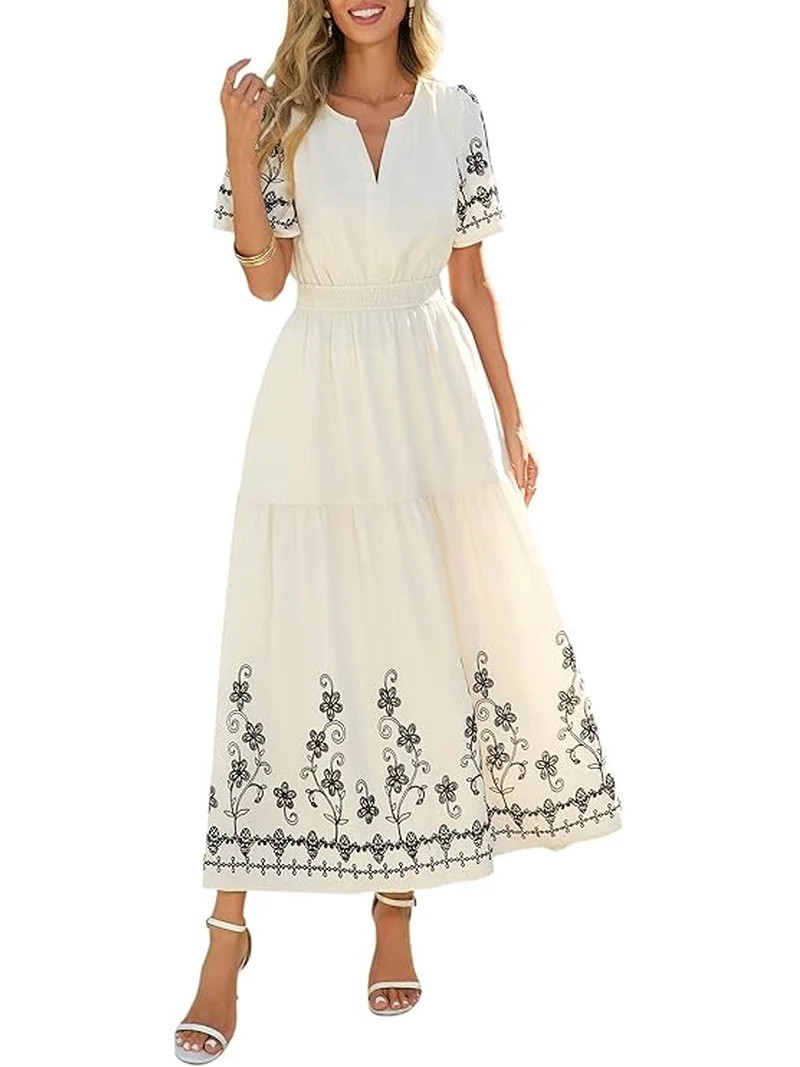 PRETTYGARDEN Women's Summer Boho Maxi Dress Spring Floral Short Sleeve V Neck A Line Flowy Beach ... | Walmart (US)