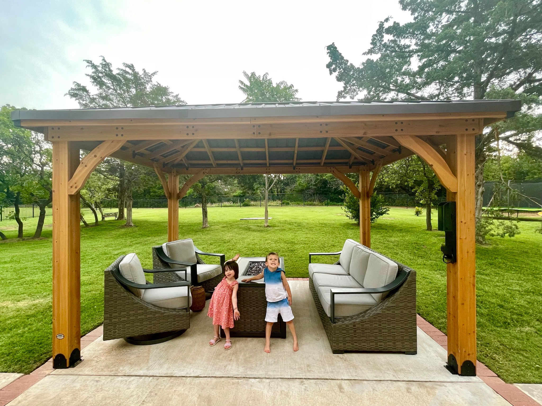 We are VERY pleased with the quality of our gazebo & furniture! It’s made being outside on these hot summer days much more pleasant. Highly recommend! Plus — we really love how the fire pit/table is extra large! 

#LTKseasonal #LTKfurniture #LTKoutdoor #outdoorfurniture #familytime #family #outdoors 