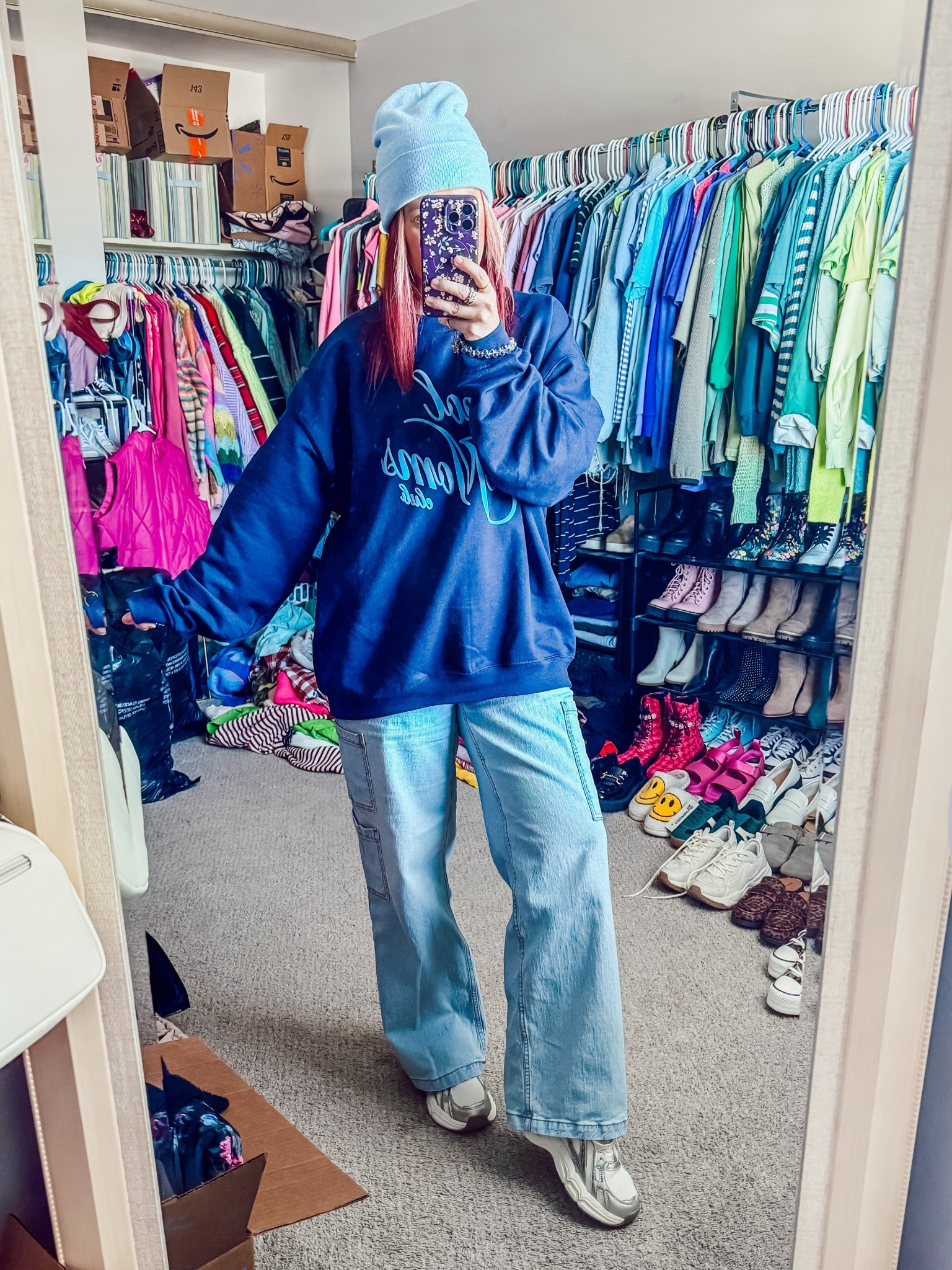 Today’s ootd 
Sweatshirt - xl - United monograms (the cool moms club) 
Jeans - medium - Walmart 
Shoes - Amazon 
Hat - old navy 

#LTKPetite #LTKFindsUnder50 #LTKootd