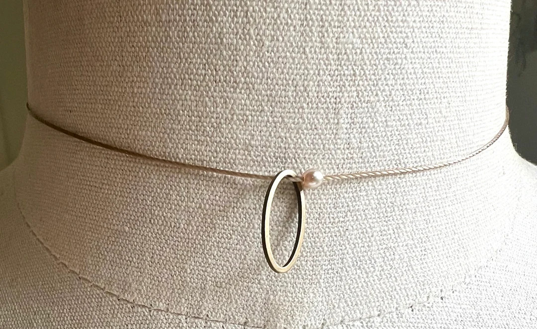 Floating Pearl Choker: Antique Brass Charm, Beige Cord Necklace | Etsy (US)