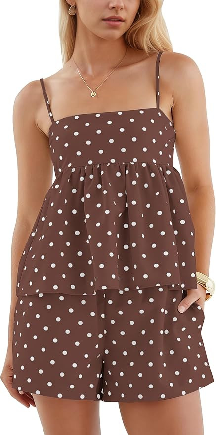 MISSACTIVER Polka Dots 2 Piece Sets For Women Summer Linen Peplum Tank Tops Shorts Sets Camisole ... | Amazon (US)
