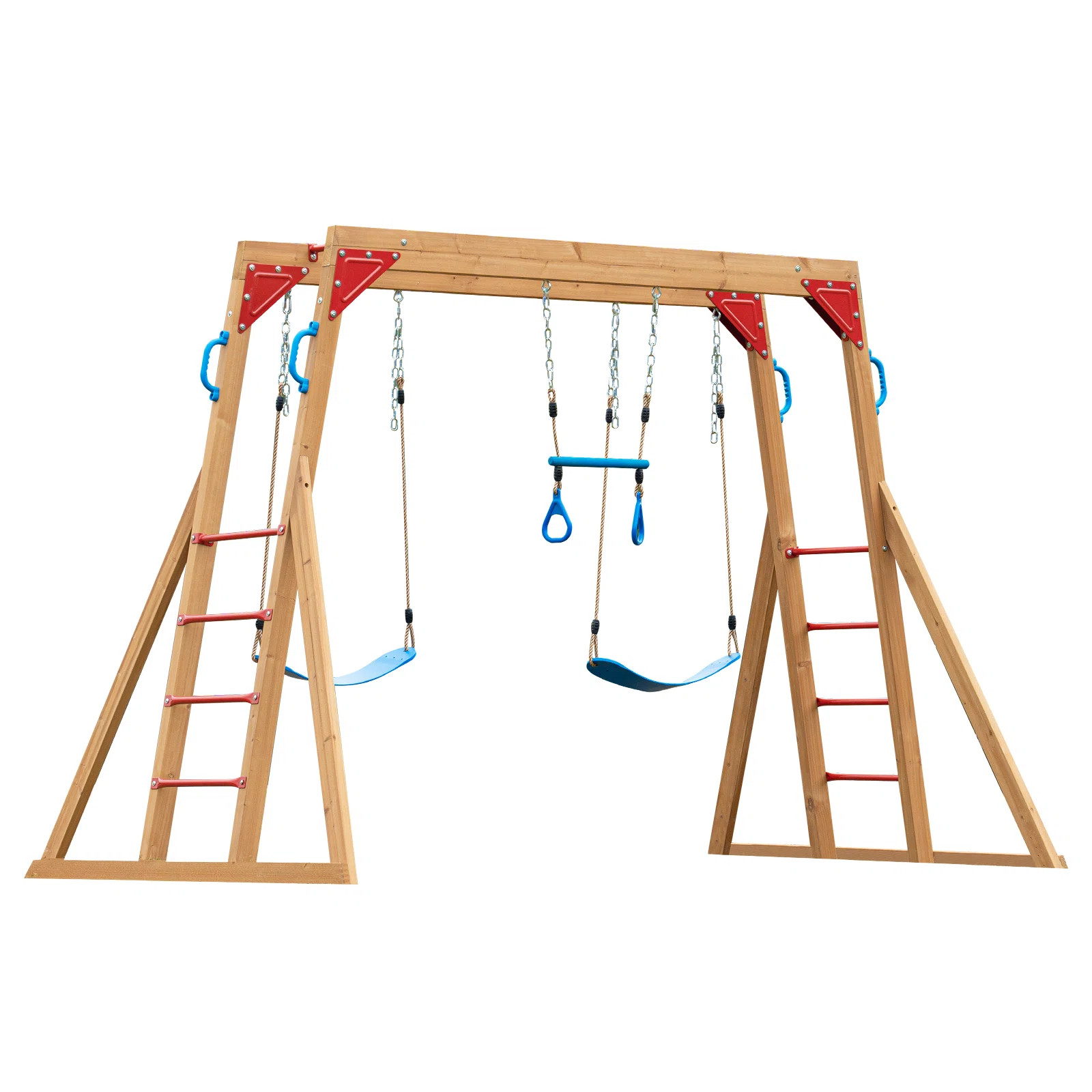 Dolphin Playground Wooden Outdoor Swing Set With 2 Belt Swings, Gym Rings, And Climbing Ladder Fo... | Wayfair North America