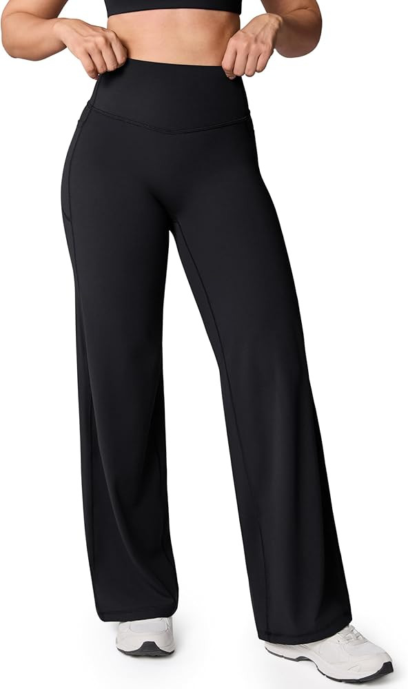 Hugcurve No Front Seam High Waisted Wide Leg Yoga Pants for Women with Side Pockets Lounge Butter... | Amazon (US)