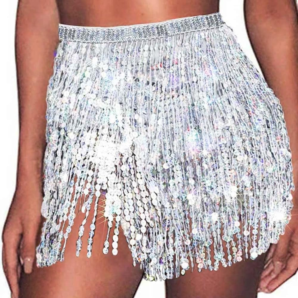 REETAN Sequin Sparkly Skirt Disco Fringe Short Skirt Rave Party Dance Belly Skirt for Women and G... | Amazon (US)