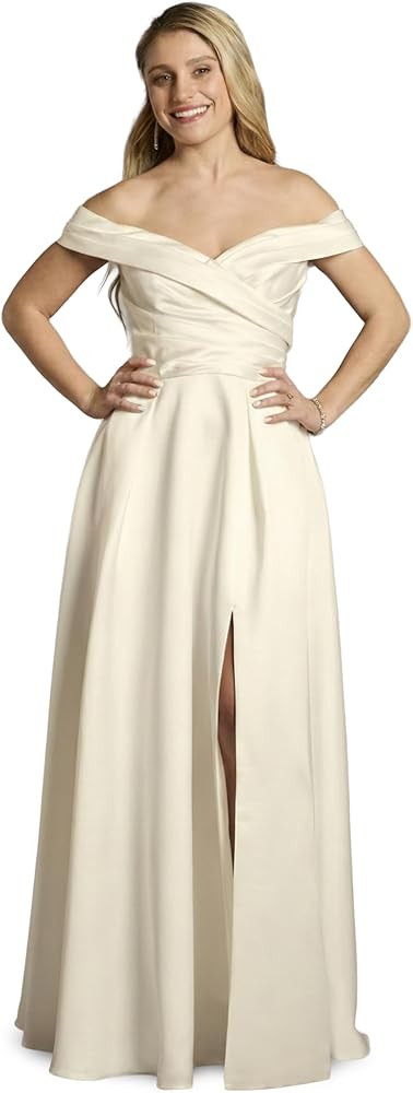 David's Bridal The Edit Off Shoulder Satin Ball Gown Wedding Dress in Ivory | Amazon (US)