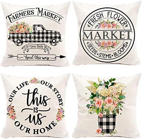 Hexagram Floral Farmhouse Pillow Covers 18x18 Set of 4, Buffalo Plaid Spring Pillow Covers,Farmho... | Amazon (US)
