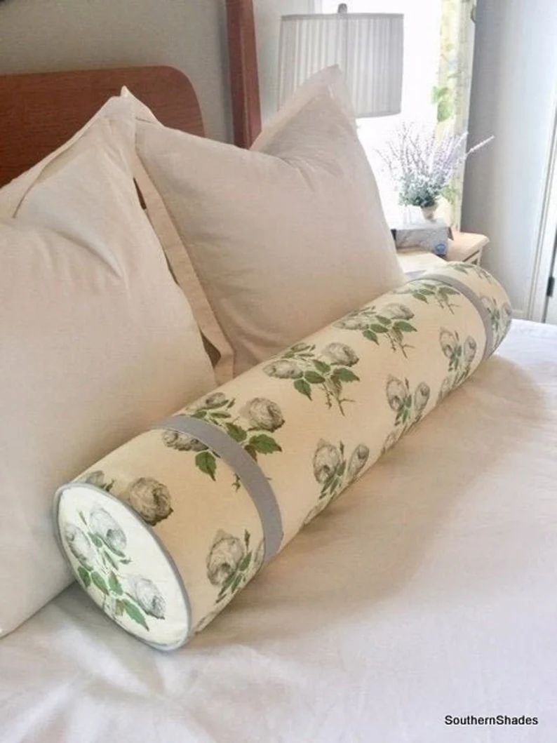 Bowood cotton chintz bolster Green-grey/white-leaf/pink-leaf with light blue or green tape/piping... | Etsy (US)