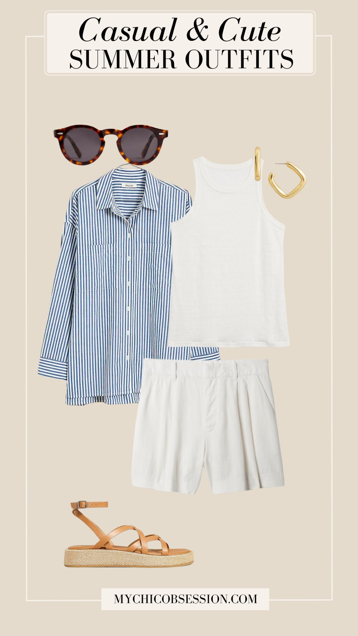 Start this summer outfit with a monochromatic base, with white trouser shorts and high-neck tank top. Add a striped button-down shirt and leave it open. Accessorize with square hoop earrings, chic sunglasses and sandals.

#LTKSeasonal #LTKstyletip