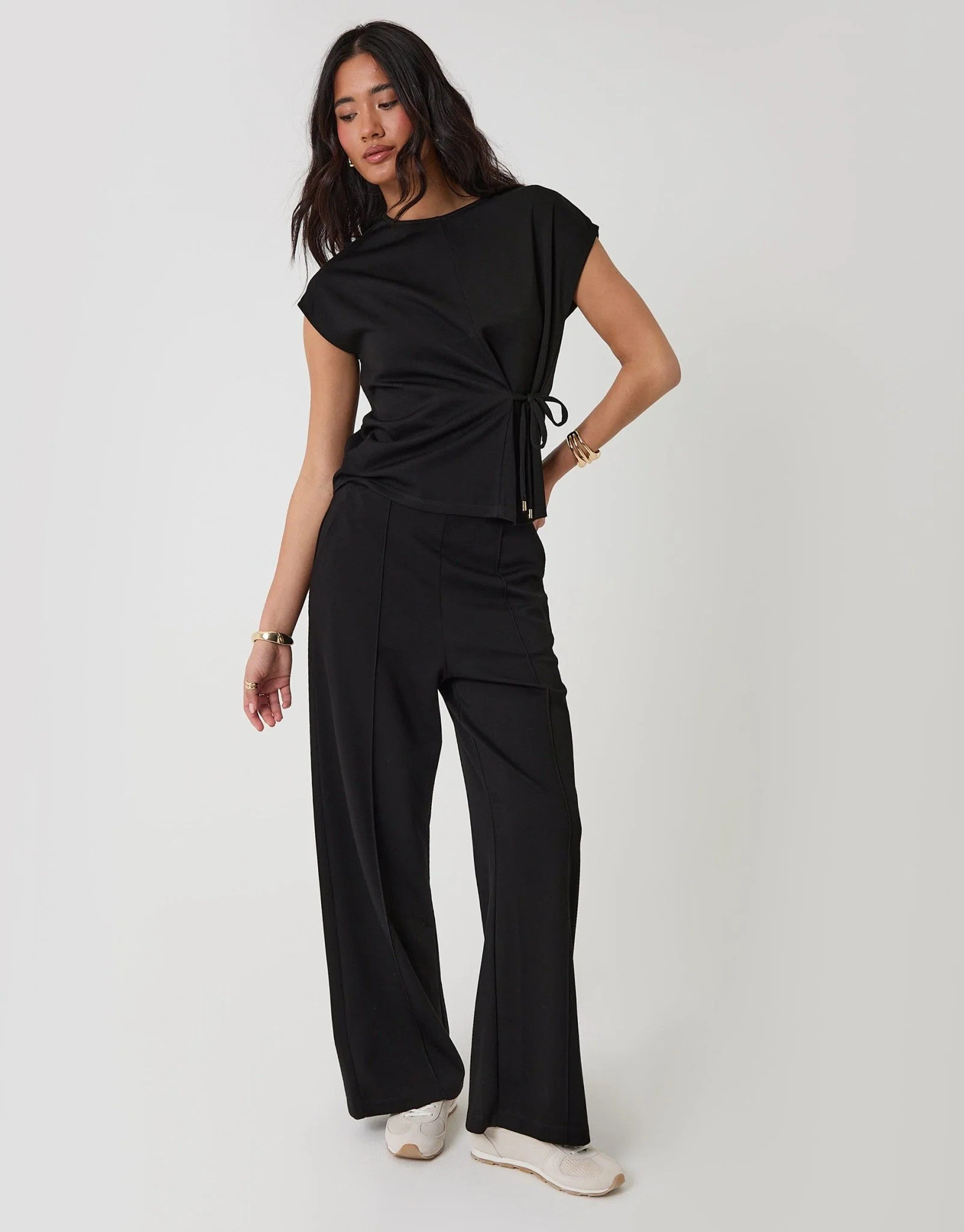 Relaxed Fit Tie Top & Wide Leg Trousers Set in Black | Threadbare UK