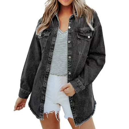 Winter Long Sleeve Oversized Jean Denim Jacket for Women Black Leisure Solid Color Weekend Women s Washed Casual M | Walmart (US)