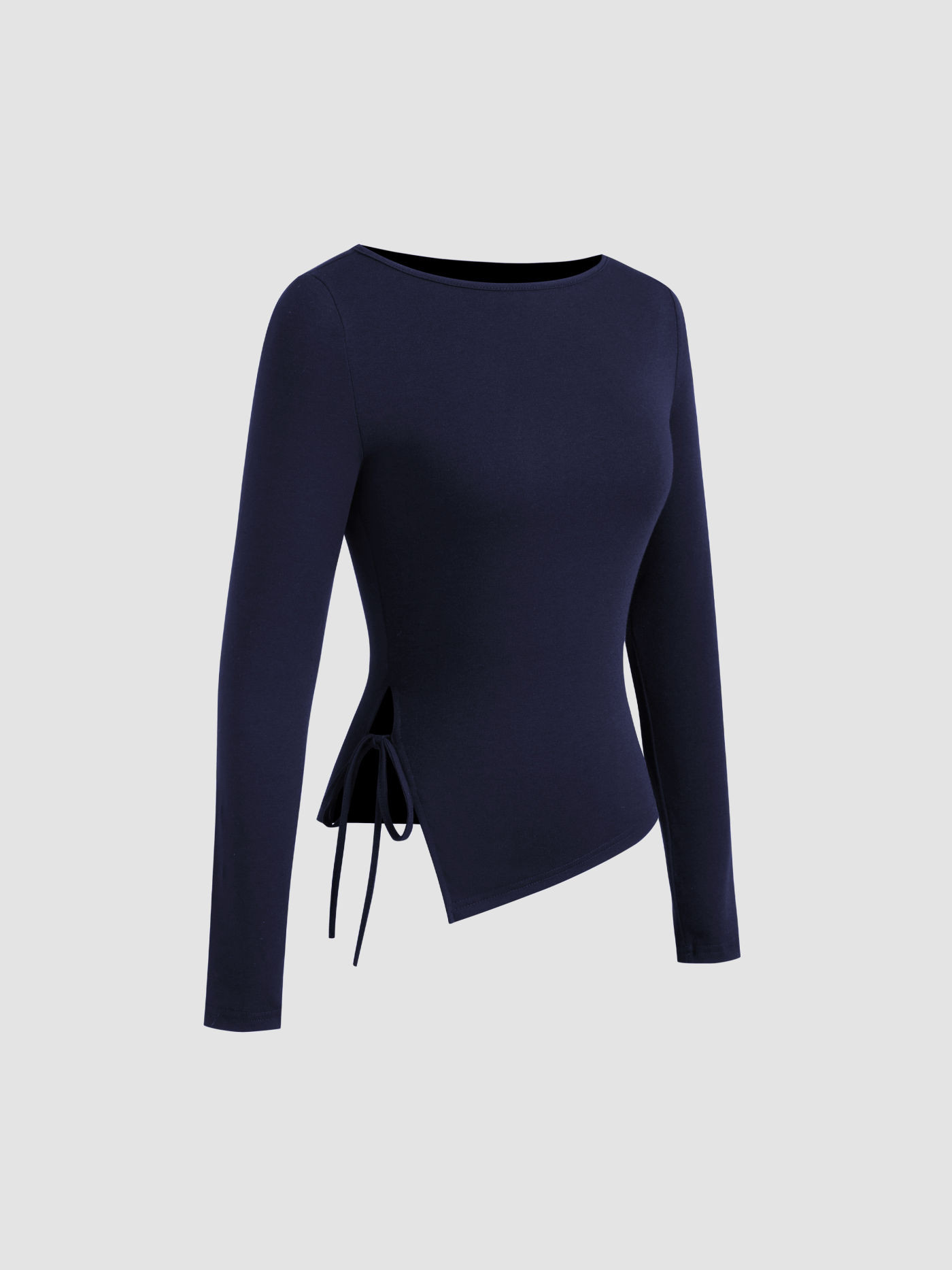 Knit Fabric Boat Neck Solid Knotted Long Sleeve Tee For Daily Casual | Cider