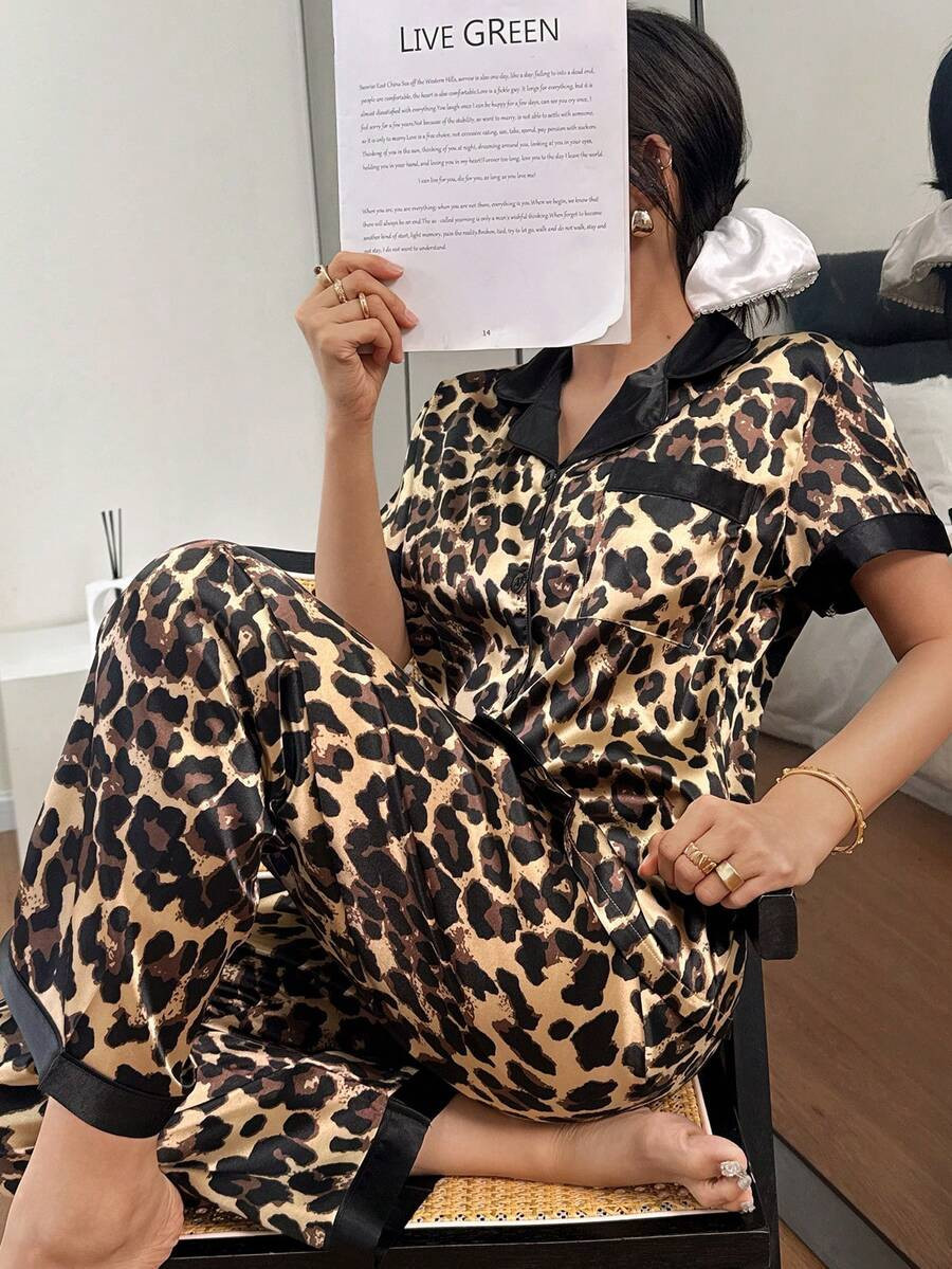 Dreamivo 2pcs Women Leopard Print Short Sleeve Lapel Top And Long Pants Pajama Set, Ladies Sleepw... | SHEIN