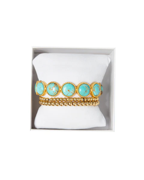Western Blues Cuff and 4mm and 5MM Gold Beaded Bracelet Set | Christina Greene 