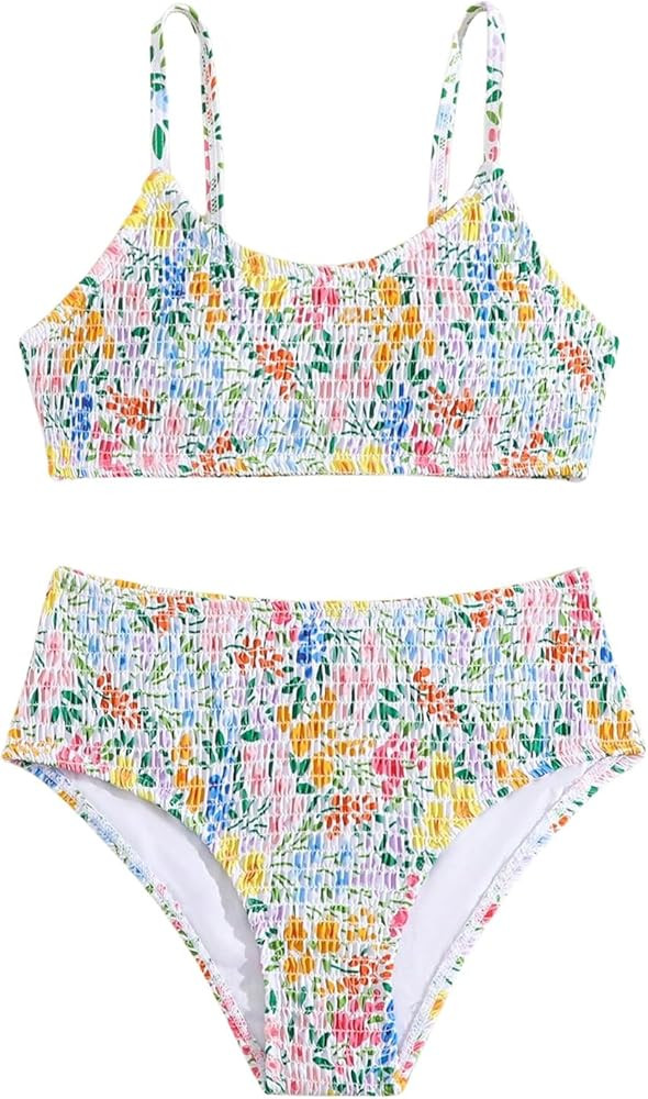 SOLY HUX Girl's Floral Print Bikini Set Spaghetti Strap Smocked Bathing Suit Two Piece Swimsuit | Amazon (US)