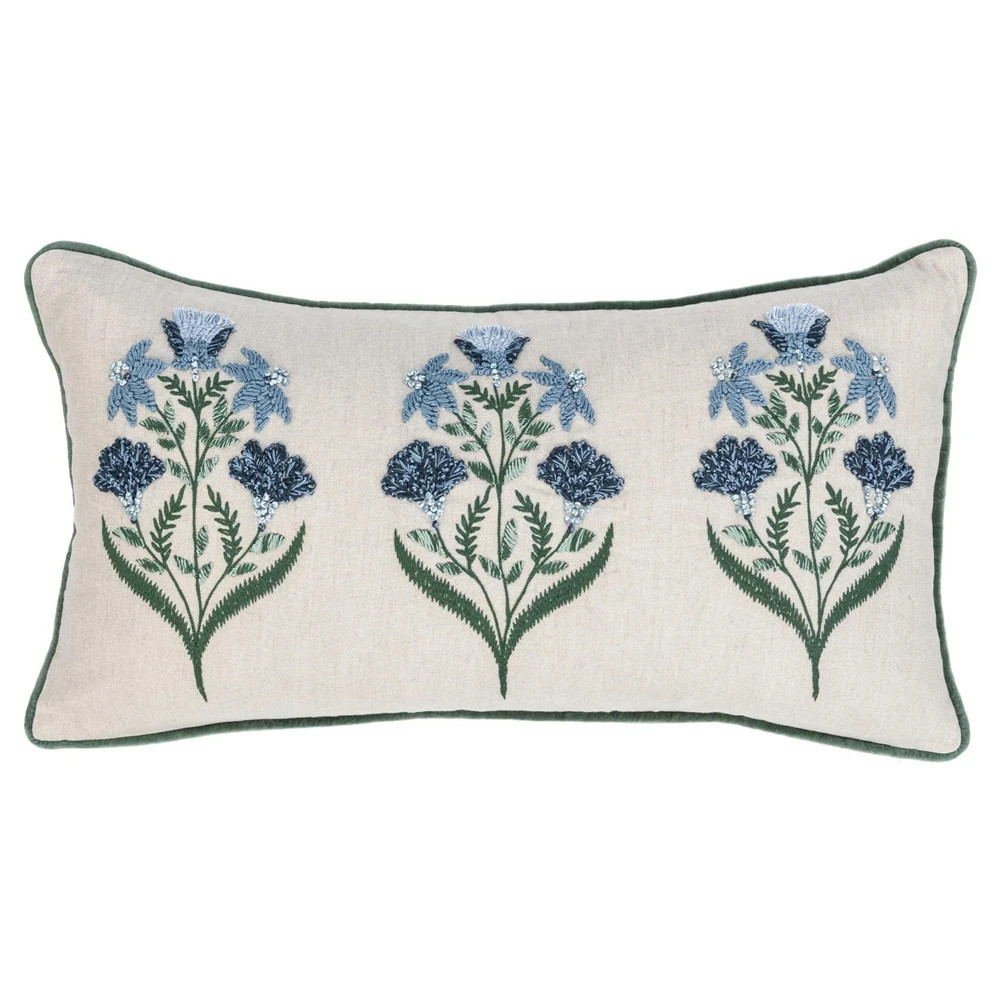 Marshall French Country Natural Cotton Floral Lumbar Pillow - 14x26 | Kathy Kuo Home