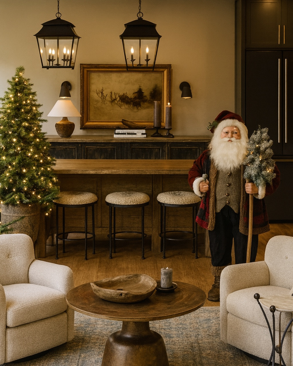 Love how this open concept move board turn to life, holiday open concept, kitchen and living room, large kitchen, island, media cabinet, coffee table, accent chairs, Holiday, art, Christmas tree, life-size Santa, Wayfair living room room

#LTKHoliday #LTKHome #LTKSaleAlert