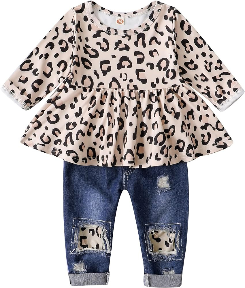 XUANHAO Infant Toddler Baby Girl Clothes Denim Jeans Outfits 2PCS Ruffle Floral Top + Ripped Denim G | Amazon (US)