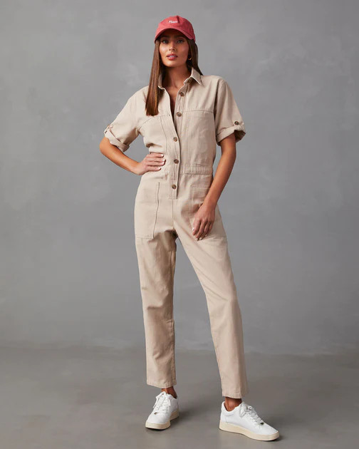 Let's Roll Cotton Jumpsuit - Taupe | VICI