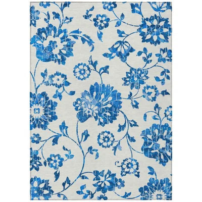 10' X 14' White And Denim Blue Floral Washable Indoor Outdoor Area Rug | Wayfair North America