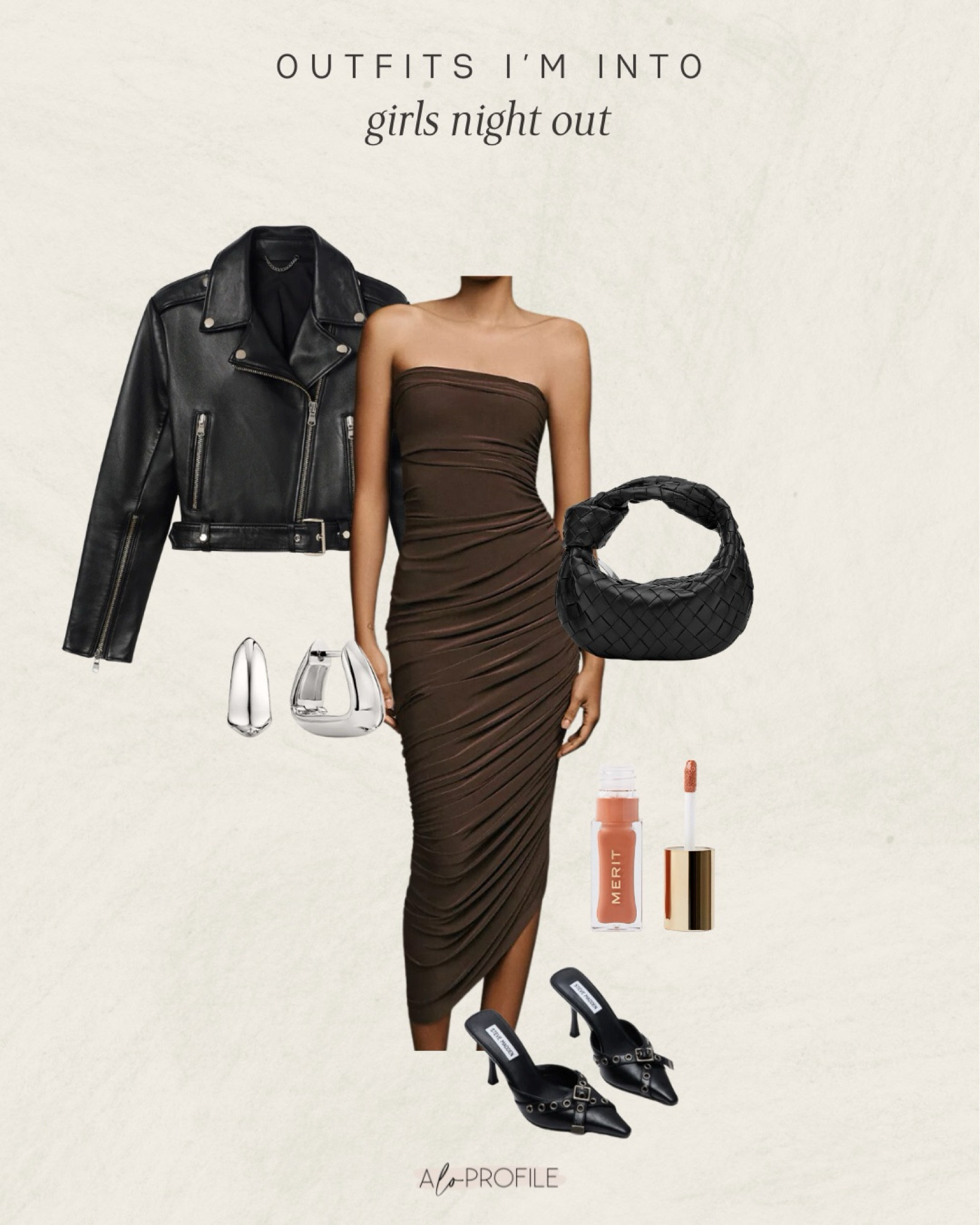 Girls night out outfit inspo! // maxi dress, kitten heels, leather
jacket, fall outfit, winter outfit, date night, night
out, chic outfit