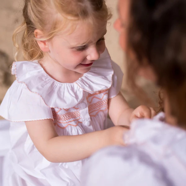 Nightingale Girl's Dress Moonstone White with Bellini Stacked Curves Hand Smocking | Smock London