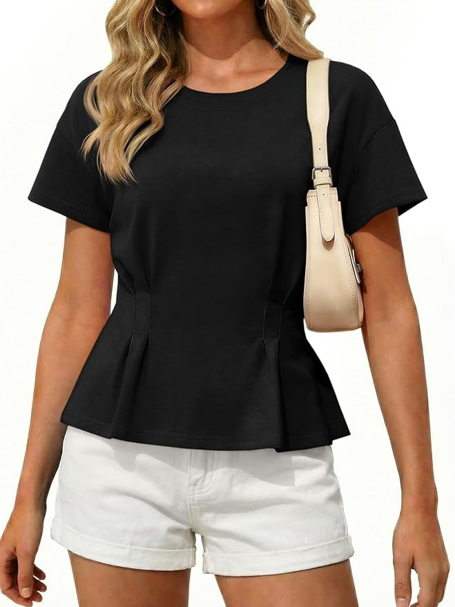 Tankaneo Womens Peplum Tops Babydoll Summer Short Sleeve Pleated T-Shirts Casual Loose Fit Flowy ... | Amazon (US)