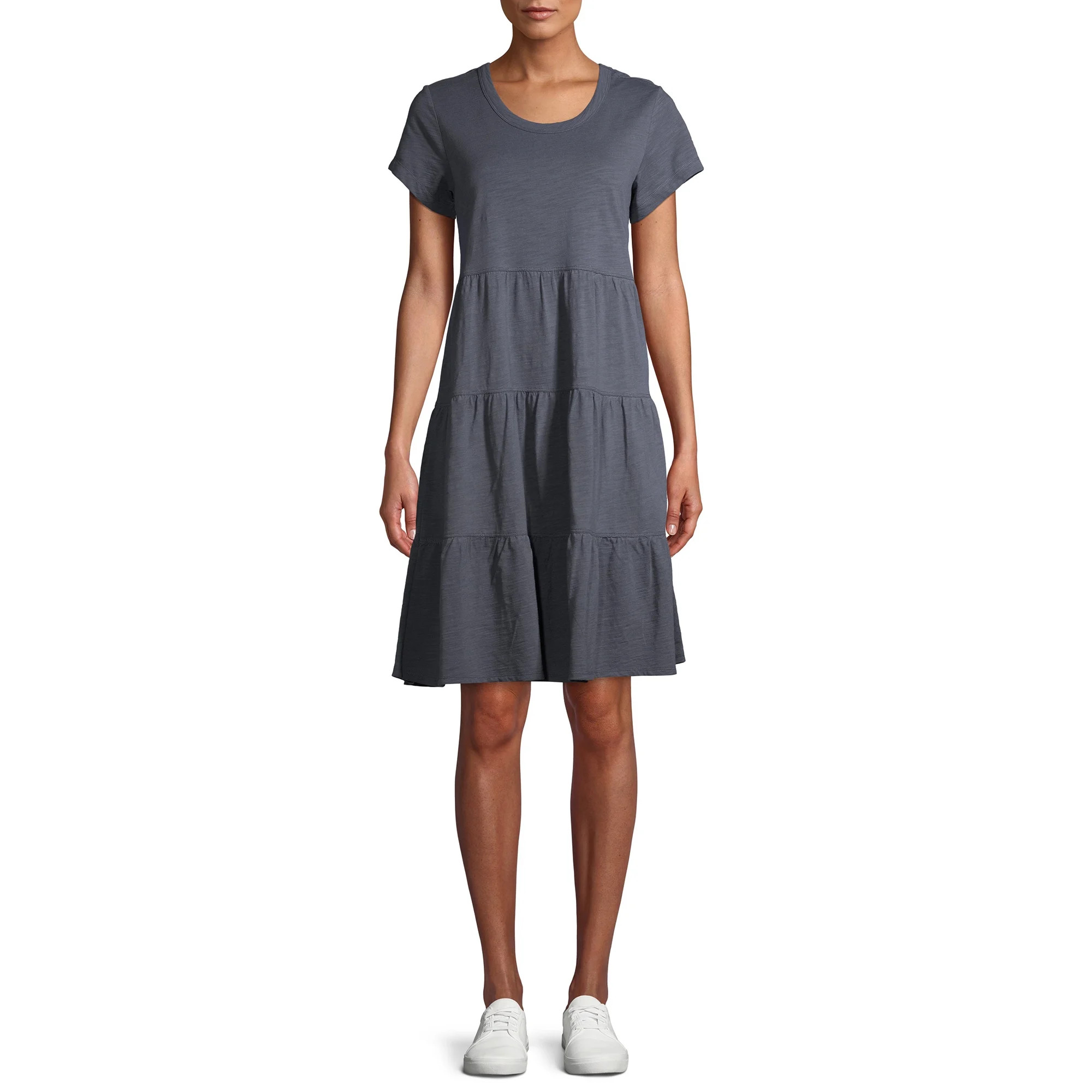 Time and Tru Women's Flutter Sleeve Tiered Dress | Walmart (US)
