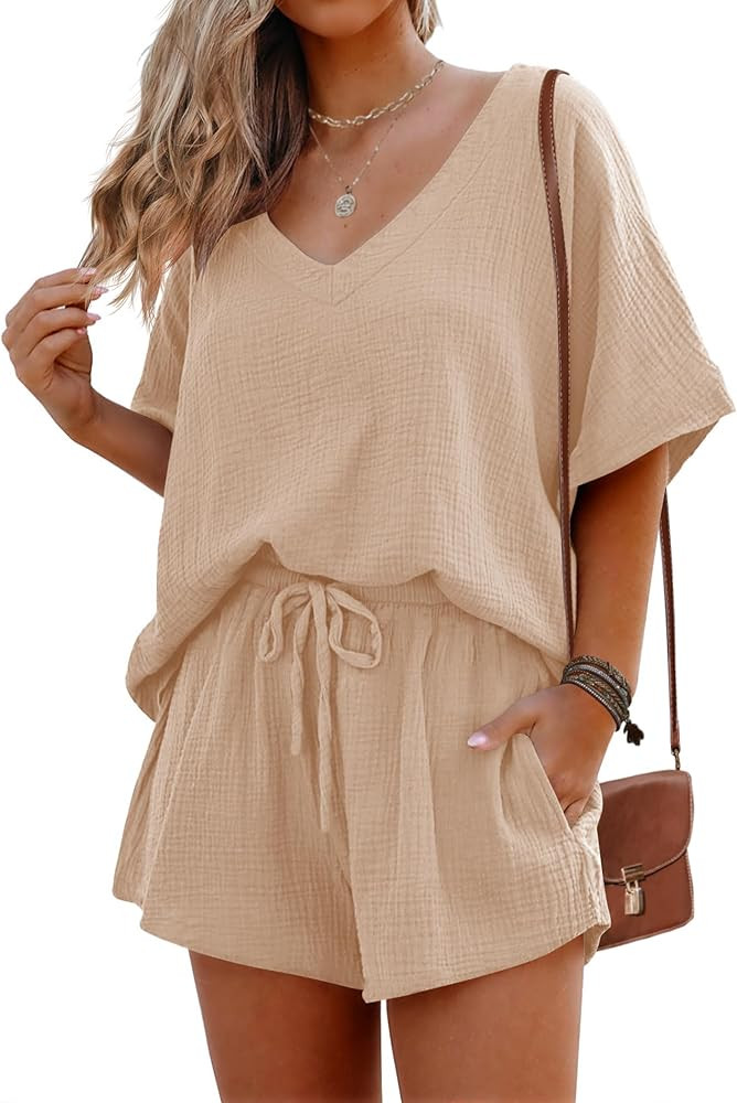 Ekouaer Women's 2 Piece Outfits Tshirt Pajama Set Oversized Short Sleeve Tracksuit Beach Cover Up... | Amazon (US)