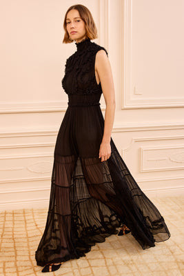Verona Silk Smocked Gown - Noir | Ulla Johnson