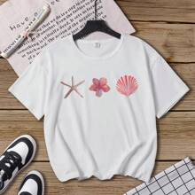 Young Girl Short Sleeve Ocean Creatures Printed Comfortable Casual T-Shirt With Starfish, Flower, And Shell Pattern, Cute Summer Top | SHEIN