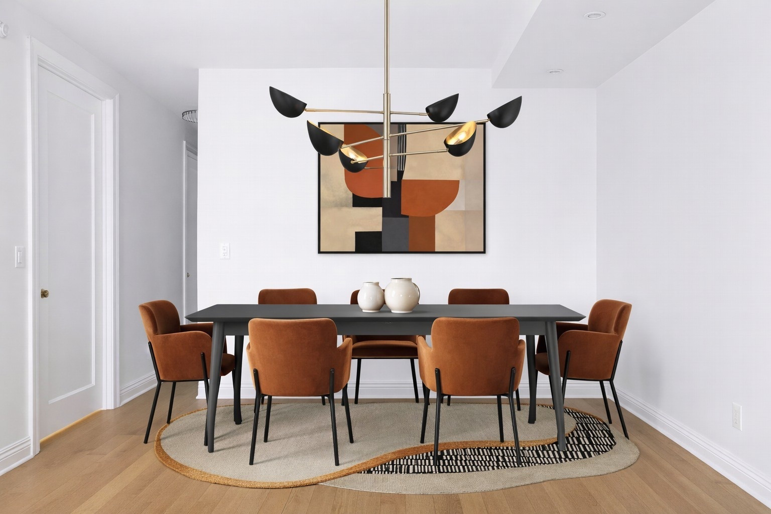 Moody meets modern 🖤
Warm caramel tones, graphic art, and statement lighting come together to make this dining space feel bold yet inviting. Designed for long dinners, good wine, and even better conversations.

#LTKHome #LTKSeasonal #LTKSaleAlert