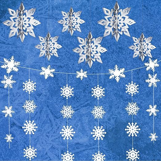 WILLBOND 42 Pieces 3D Hanging Garland Snowflake Decorations 3D Silver White Hanging Snowflakes Ch... | Amazon (US)