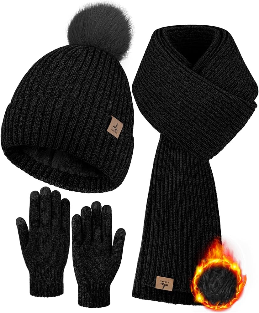 Winter Warm Hat Scarf and Touch Screen Gloves Set, Knitted Pom Beanie Hat Neck Warmer Long Scarf ... | Amazon (US)