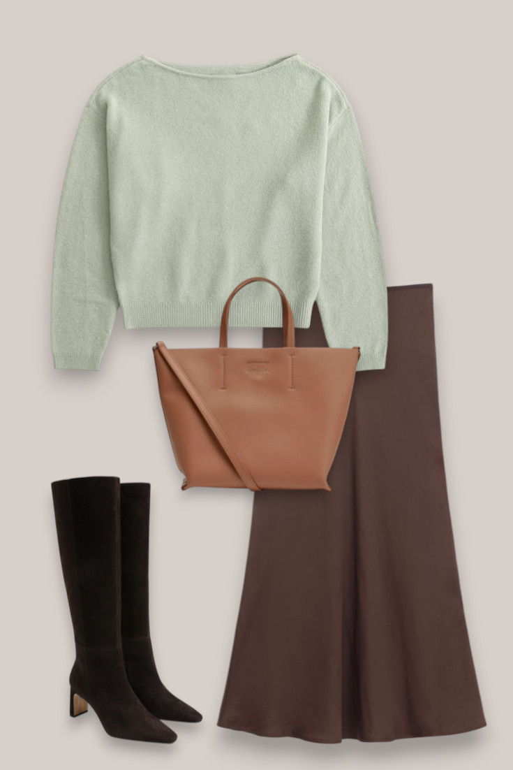 Love this colour combination for winter 🤎 A chocolate satin skirt with a soft sage green knit feels a little fresher than the usual cream-and-brown combination. Finished with dark brown boots and a tan bag for an easy everyday look. 

 #LTKautumn #LTKdatenight #LTKstyletip