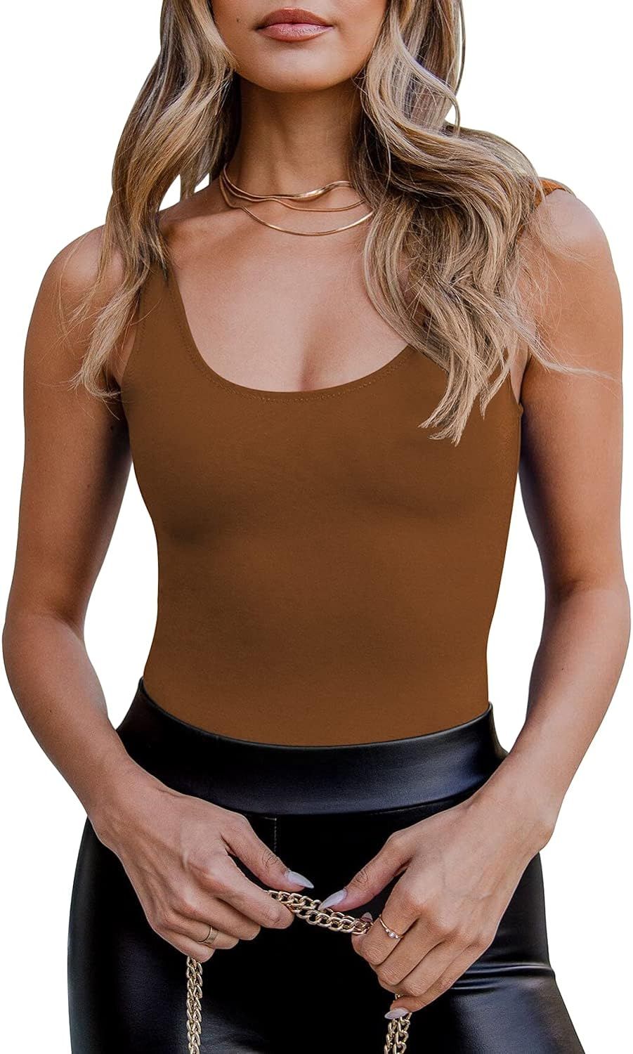 MIRALUNA Women's Sexy Scoop Neck Backless Bodysuits Casual Slim Fit Sleeveless Tank Tops | Amazon (US)