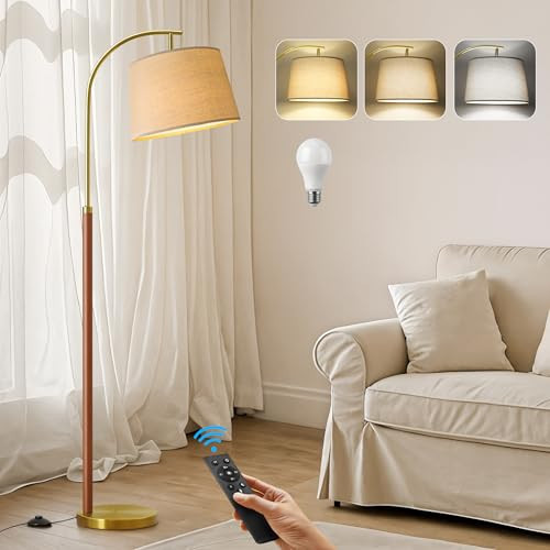 62.5" Gold Floor Lamp for Living Room Dimmable Standing Lamp with Remote & Foot Switch, 3 Color Temperatures Arc Tall Lamp Wood Mid Century Modern Floor Lamps for Bedroom Office, 9W Bulb Included | Amazon (US)