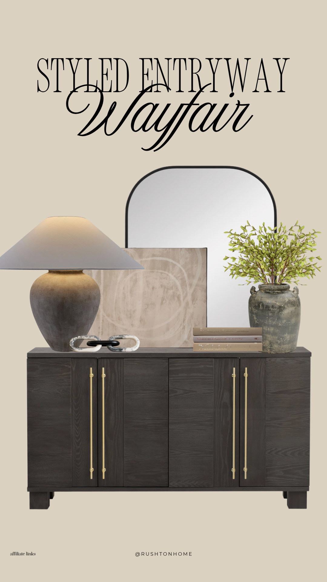 Wayfair entryway furniture, dark wood console table, entryway styling decor, round mirror entryway, table lamp styling, decorative vases neutral, modern entryway decor, organic modern console styling, hallway decor ideas, neutral entryway inspiration, styling a console table, home entryway design, earthy home decor 

 #LTKHome