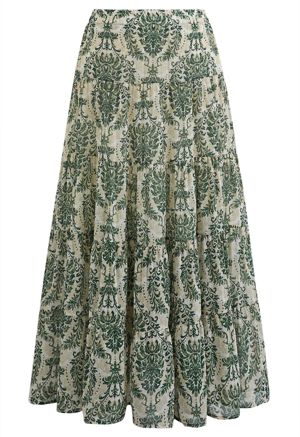 Green Damask Printed Tiered Chiffon Maxi Skirt | Chicwish