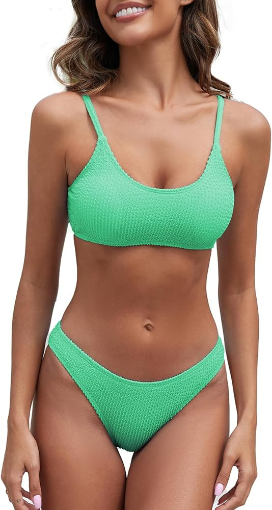 Fanuerg Women's Ribbed Bikini Sets Scoop Neck Cheeky Swimsuit Textured Two Piece Bathing Suit | Amazon (US)