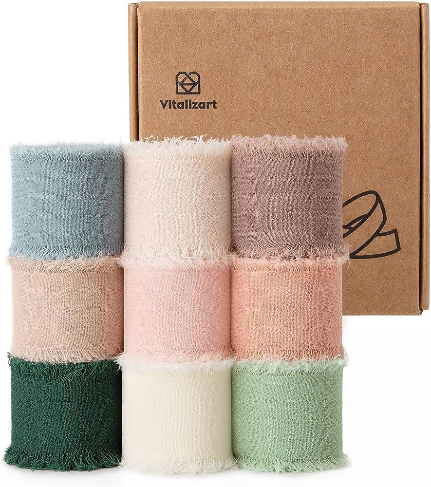 Vitalizart 1" x 18Yd Chiffon Silk Ribbon Mixed Color Ribbons Set 2 Yd x 9 Rolls Fringe Fabric Eco... | Amazon (US)