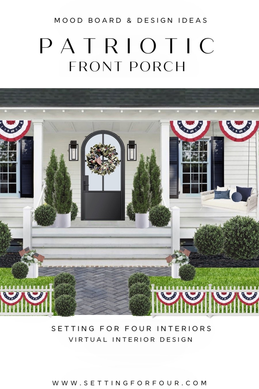 Patriotic porch decor ideas to celebrate Memorial Day and 4th of July! Mood Board & Design Ideas.
USA flag, red, white and blue, American, holiday decorations, front door wreath, bunting, flag banners, Independence Day, banner, red white and blue, porch swing, outdoor pillows, outdoor wall lights, lanterns, organic modern, transitional, farmhouse, classic, planters#LTKFindsUnder50 Alert#LTKsale

#LTKsummer #LTKhome #LTKsale