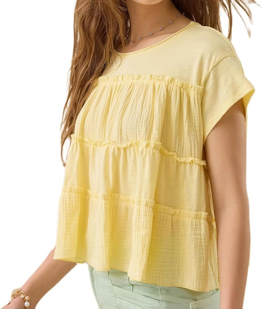 Women Crop Babydoll Peplum Tops Crew Neck Cap Sleeve Loose Fit Pleated Frill Flowy Baby Tee Y2k G... | Amazon (US)