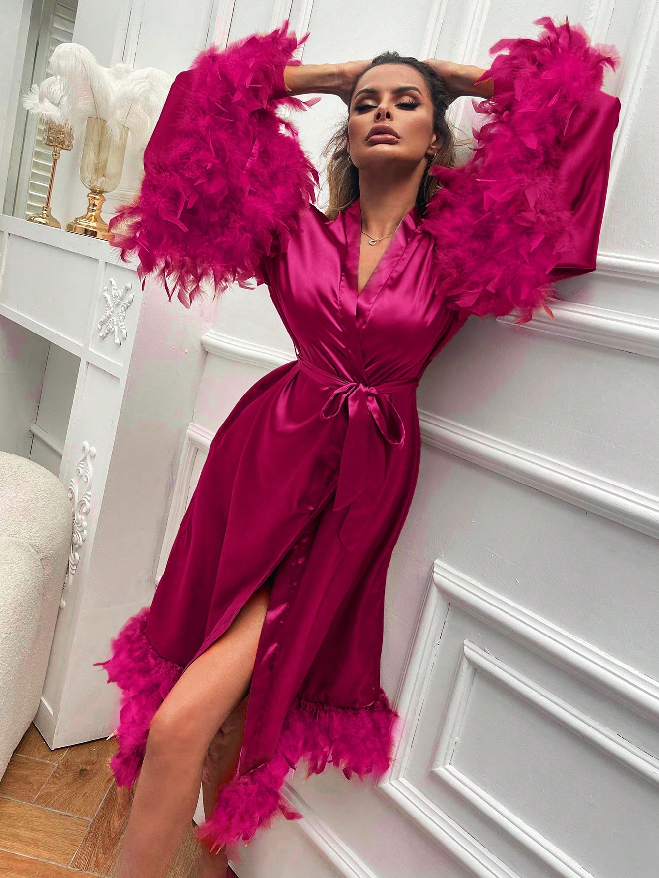 Fuzzy Trim Belted Satin Robe | SHEIN