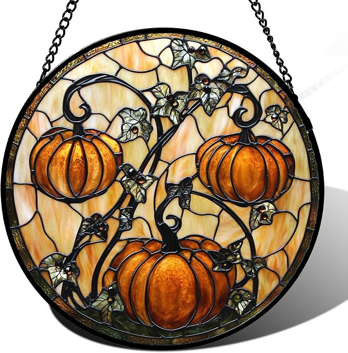 Halloween Orange Pumpkin Vine Leaves Stained Glass Window Hanging Gift 7.8" | Amazon (US)