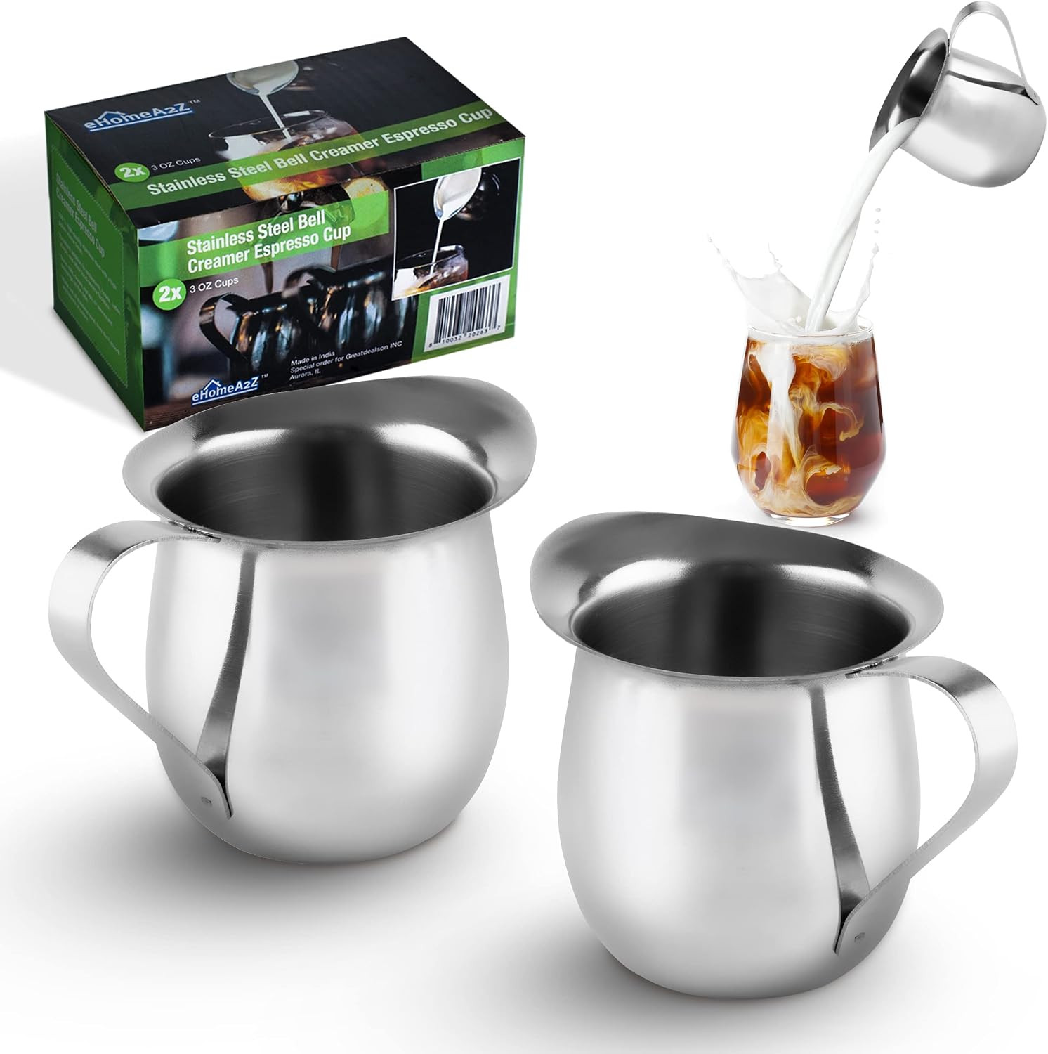 Stainless Steel Bell Creamer Espresso Shot Frothing Pitcher Cup Latte Art (2, 3 Oz) | Amazon (US)