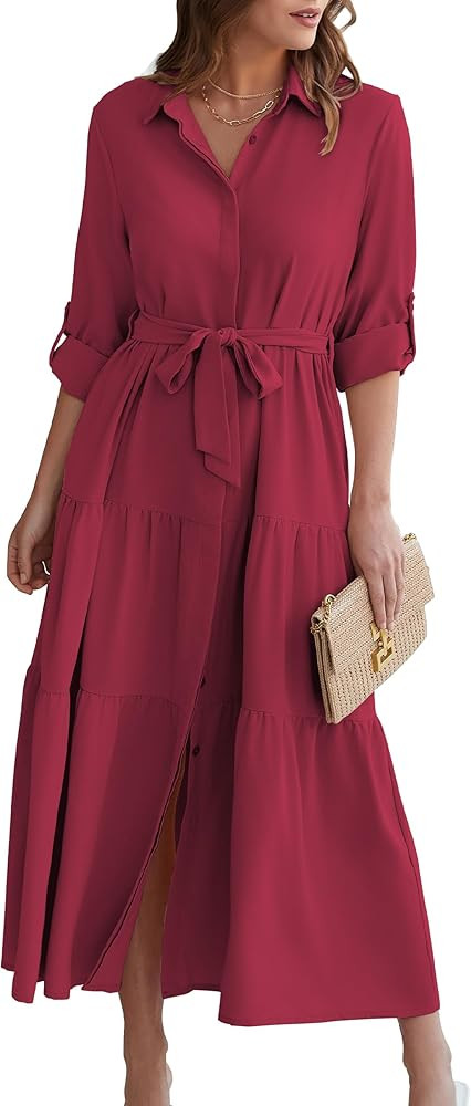 ECOWISH Women's Maxi Shirt Dress - 2024 Long Sleeve Button Casual Fall A-line Work Tiered Dresses... | Amazon (US)