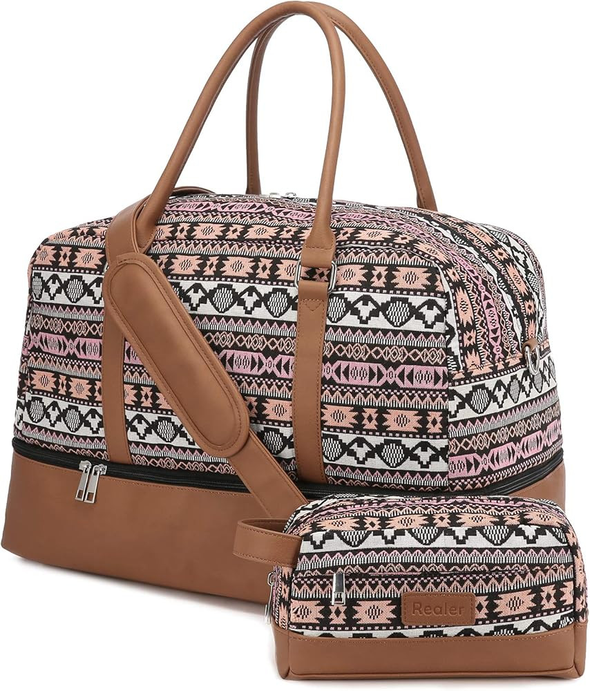 Realer Canvas Weekender Bag, Womens Overnight Bag Carryon Weekend Travel Duffel Tote with Shoe Compa | Amazon (US)