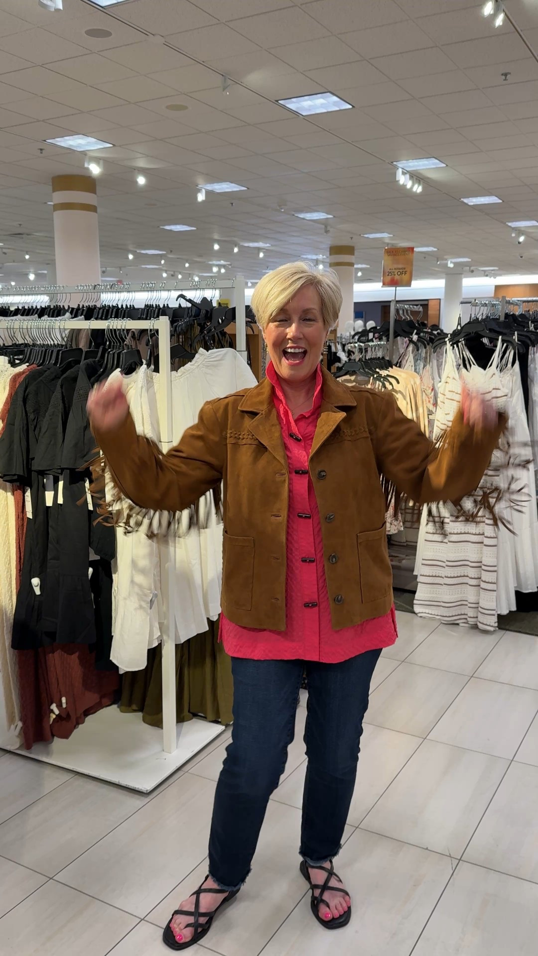 She found the cutest suede fringe jacket!! On sale now, but will be full price once NSale ends!

She’s wearing xs 