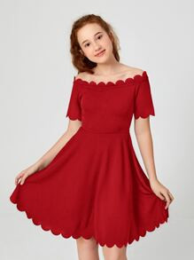 SHEIN Teen Girls Off Shoulder Scallop Trim Flare Hem Dress SKU: sk2106303720102440(100+ Reviews)$... | SHEIN